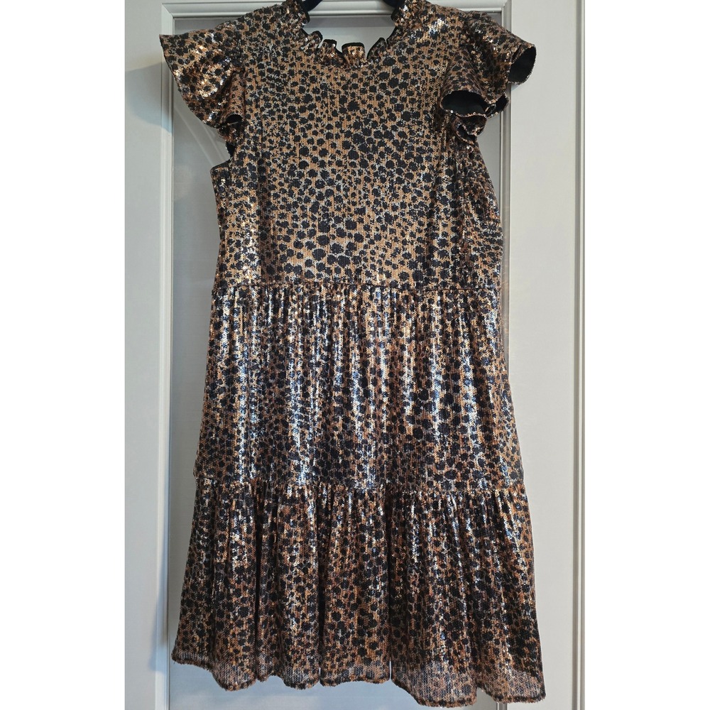 Anthropologie Othilia Dress Gold Black Animal Print‎ Ruffle Tiered Sequin Medium